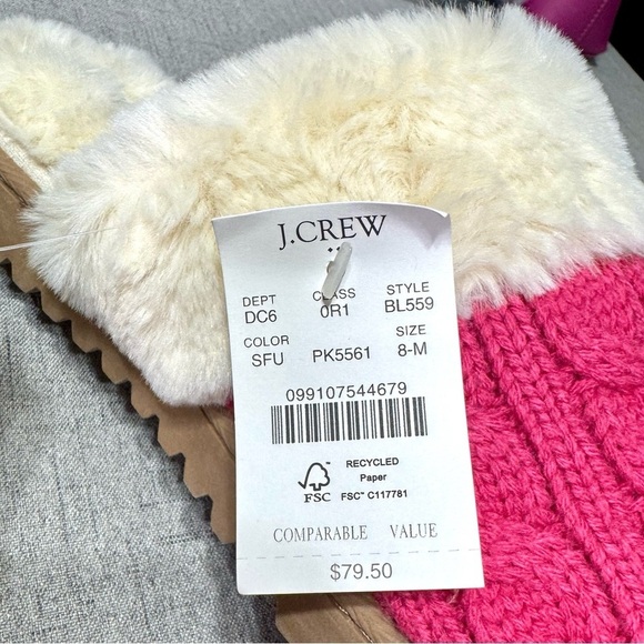NWT J. Crew Pink Cable Knit Fur Slippers 7 8 9 Christmas Gift Holiday Gifts - Picture 10 of 15